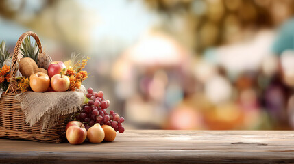 St Andrews Harvest Festival events, basket of autumn produce on wooden table, blurred festival background