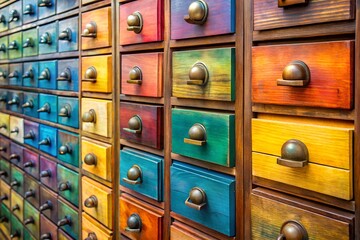 Colorful Antique Apothecary Cabinet with Many Drawers and Brass Pulls