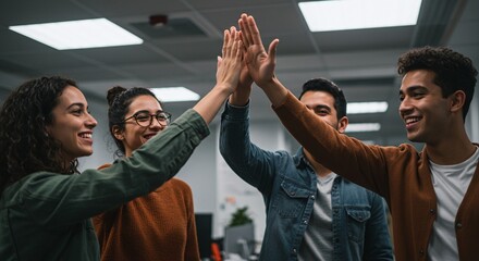 Obraz premium Celebración del Éxito en la Oficina: ¡Choca esos cinco para el Equipo de Ventas Hispano!