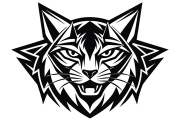 Fierce bobcat head is illustrated with stylized fur and teeth shown in black and white