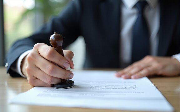 Businessman stamping contract document on desk, symbolizing legal approval, corporate agreement, and business authorization process. High quality