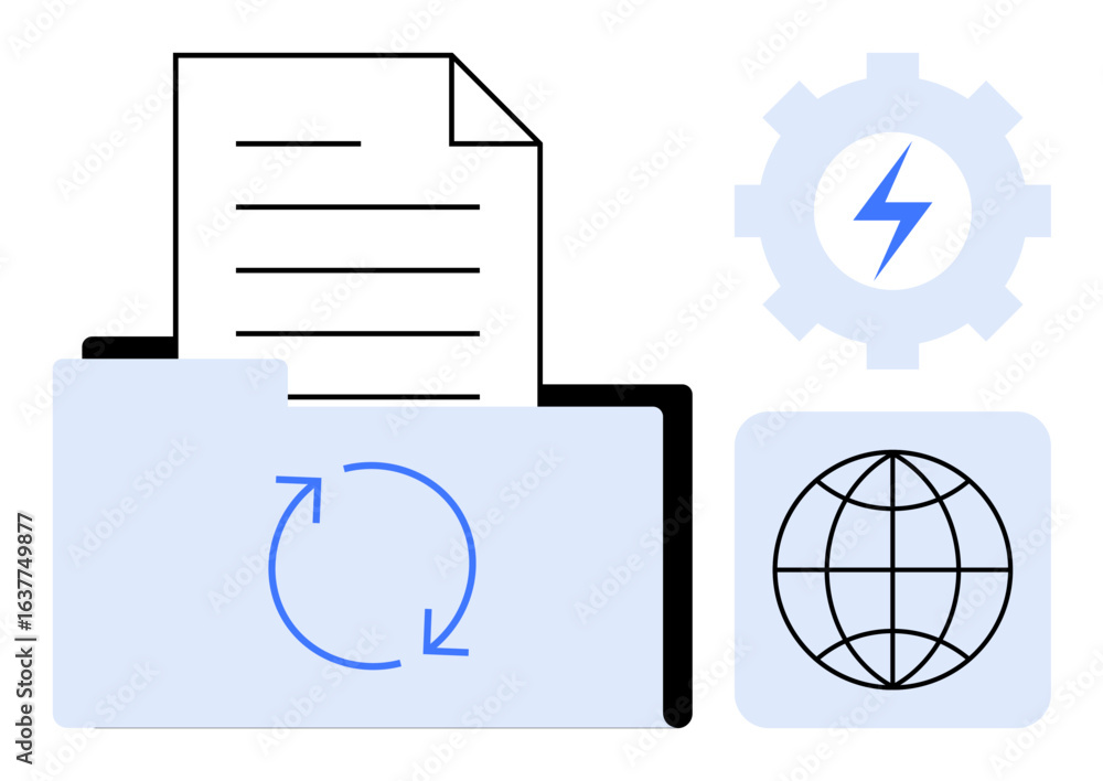 Poster open folder with document and synchronization arrows, gear with lightning bolt, and globe. ideal for