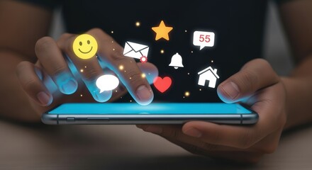 Engaged hands using modern smartphone for connecting online through social media with notifications and icons