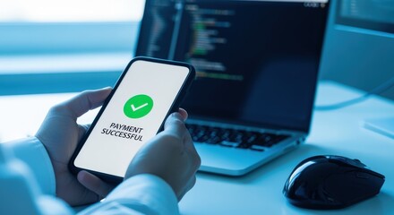 Successful Mobile Payment Confirmation on Smartphone with Laptop Background Depicting Modern Financial Technology