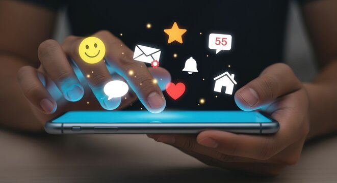 Engaged hands using modern smartphone for connecting online through social media with notifications and icons