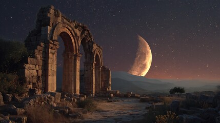 **Day 7 First Quarter Moon Rising Behind Ancient Ruins, Mystery Ambiance, Night With Stars And Sharp Shadows, Historic And Cinematic --Ar 16:9 --V 7.0** - @Darya (Relaxed)