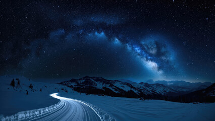 Night sky Milky Way over snow-covered mountains and a winding road with glowing light trails in a winter landscape