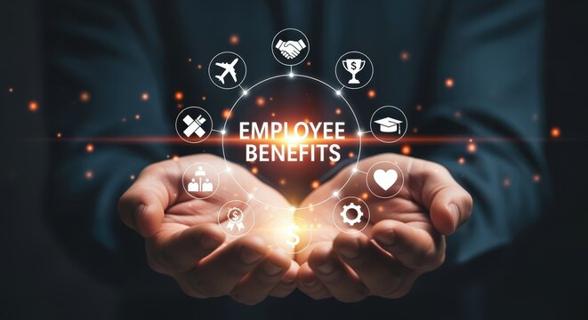 Employee Benefits Concept: Hands Presenting Icons Representing Perks, Insurance, and Investment for Staff Retention