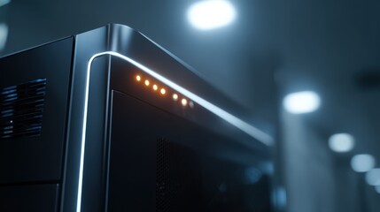 Server Rack with Glowing Lights in a Modern Data Center for Technology Solutions