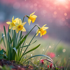Obraz premium wild daffodils with rich spring colored bokeh