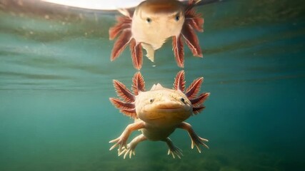 A cute smiling axolotl swimming underwater with its reflection on the surface. An adorable Mexican walking fish in its natural aquatic habitat.
