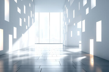 Obraz premium Modern interior with geometric wall cutouts and bright light 