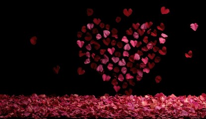 Heart of paper hearts, surrounded by rose petals, on black background