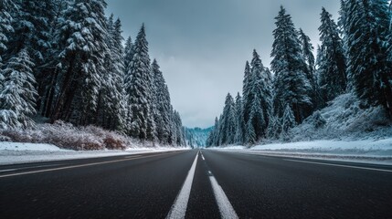 Winter Road Through Snowy Forest: A Scenic Route for Travel and Adventure Photography