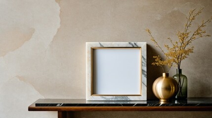 A white frame with a square picture sits on a shelf next to a vase