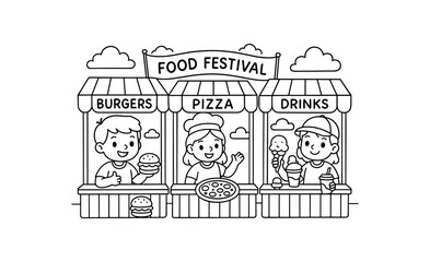 Fototapeta premium Food Festival stalls stroke illustration cute kids coloring book style. Fun and wholesome theme made for children