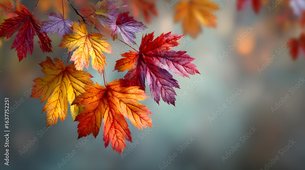 Poster web banner design for autumn season and end year activity with red and yellow maple leaves with soft