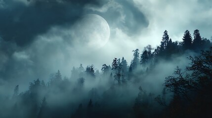 **Day 9 Gibbous Moon Over A Forest In Fog, Trees In Silhouette, Mystical Landscape Under Moonlight, Lots Of Copy Space On Sky --Ar 16:9 --V 7.0** - @Darya (Relaxed)