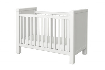 White wooden baby crib with mattress isolated on transparent background, perfect for compositions related to childcare, parenting, and infancy