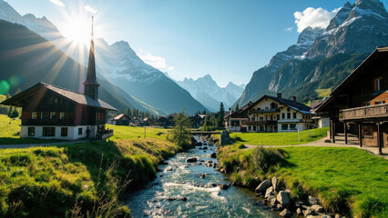 Sunlit alpine village with church river flowing through green meadows and snow-capped mountains under a clear blue sky