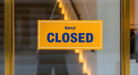 Closed Sign Hanging on Glass Door, Business Shutdown, Temporary Closure, Storefront with Reflection