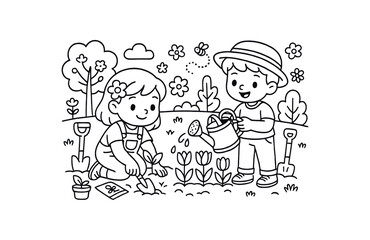 Spring garden planting stroke illustration cute kids coloring book style. Fun and wholesome theme made for children