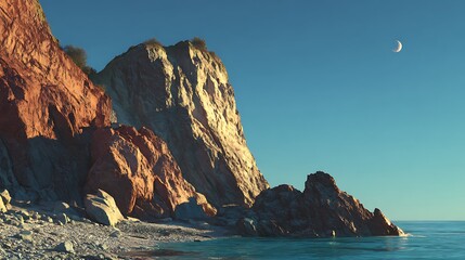 **Day 11 Moonlight Casting Long Shadows On Rocky Coastal Cliffs, Calm Sea Below, Detailed Textures And Clean Composition For Stock Usage --Ar 16:9 --V 7.0** - @Darya (Relaxed)