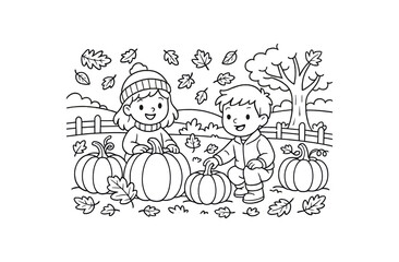 Fototapeta premium Autumn pumpkin patch stroke illustration cute kids coloring book style. Fun and wholesome theme made for children