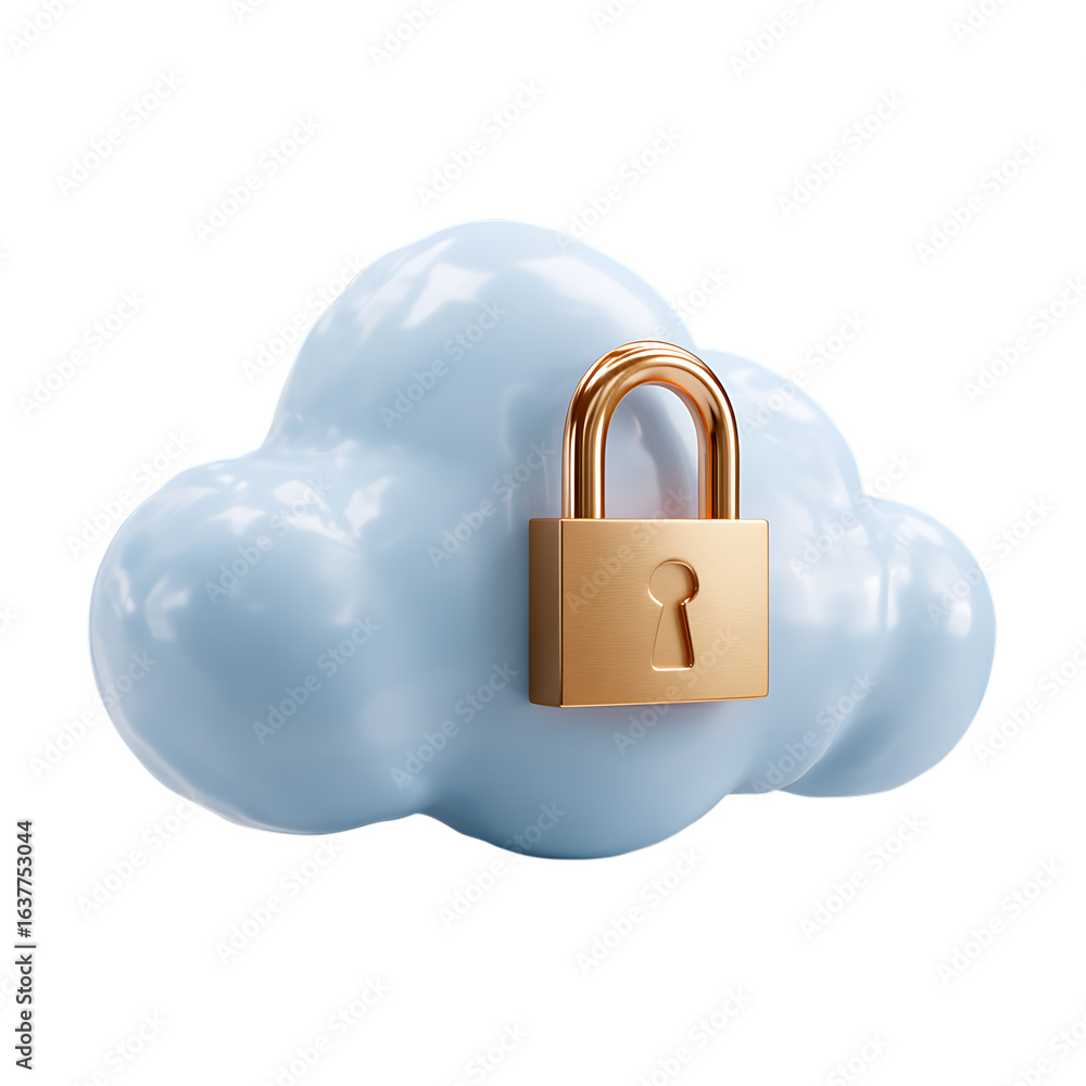 Poster secure cloud computing concept with a golden padlock on a fluffy cloud isolated on transparent backg