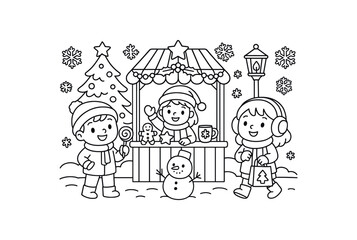 Fototapeta premium Winter holiday market stroke illustration cute kids coloring book style. Fun and wholesome theme made for children
