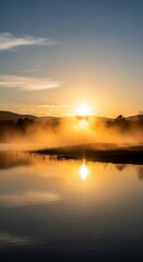 Obraz premium Misty Sunrise Over Serene Lake with Reed Reflections and Distant Hills