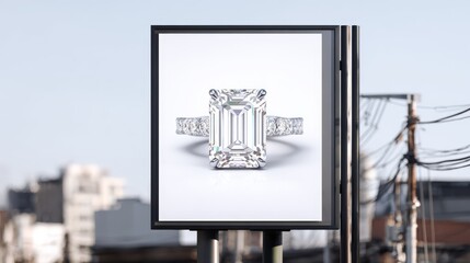 Fototapeta premium Diamond Ring Advertisement on Billboard in Urban Setting Showcasing Luxury and Elegance for Jewelry Marketing