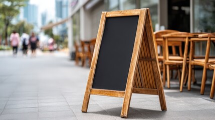 Blank Sandwich Board Mockup Stands on Sidewalk with Urban Background for Customizable Restaurant Advertising