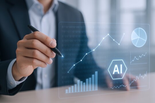 AI-Powered Data Analysis: Businessman Navigating Business Intelligence Interface for Strategic Growth and Investment Success - Powered by Adobe
