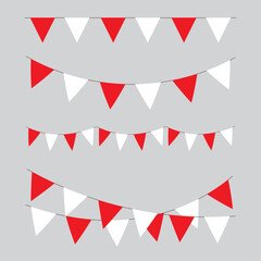 Obraz premium Red white triangle bunting flags collection. Vector illustration red and white hanging triangle flags garland for celebration, carnival and festival