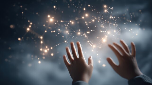 Hands reaching for a luminous network of interconnected nodes in an ethereal, dreamlike sky