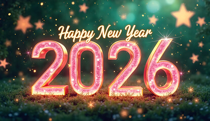 A pink and gold 2026 Happy New Year text with sparkling stars on a green background Happy new Year 2026, Banner template for 2026 header websites, 26 celebration parted with generative ai