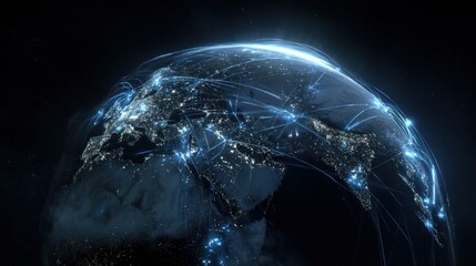 Global Network Connectivity: Detailed Earth Rendering with Data Streams and City Lights Visualizing Worldwide Connections