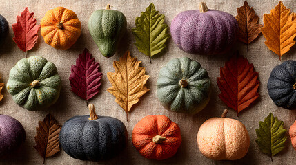 Seasonal autumn flat lay composition featu small pumpkins and colorful leaves on a beige background for fall harvest celebration decorations and Thanksgiving themes