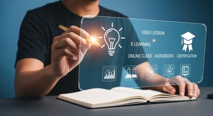 Interactive E-Learning Experience: Man Engaged in Online Education with Virtual Interface and Open Book