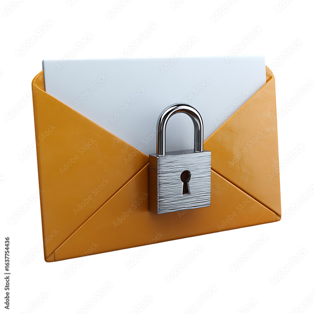 Poster secure communication concept with a locked envelope and paper isolated on transparent background