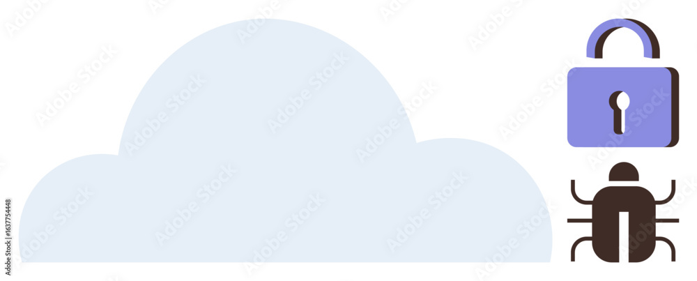 Poster cloud icon with locked padlock symbolizing security and a bug representing potential threats. ideal 