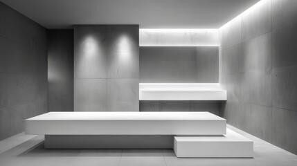 Obraz premium Minimalist Interior with Clean Lines: Modern Display Platform in a Gray Tiled Showroom or Gallery