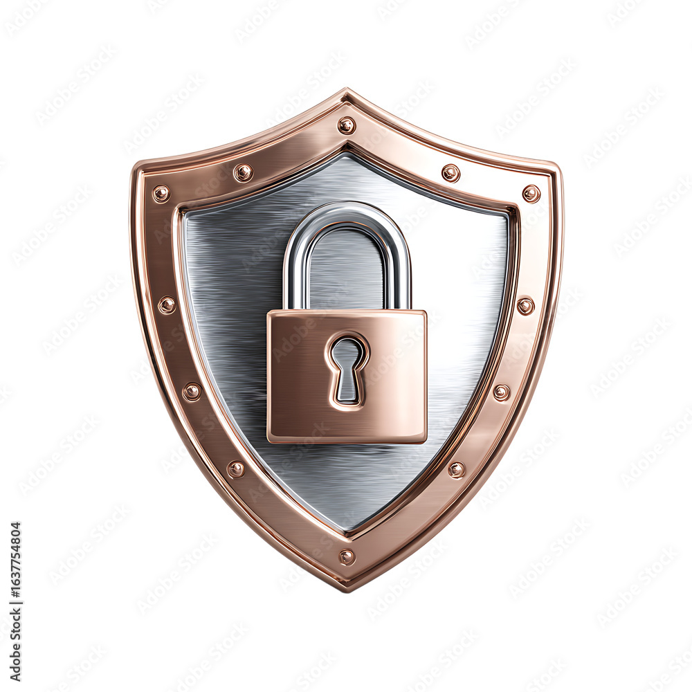 Poster metallic shield with a locked padlock symbolizing security and protection isolated on transparent ba