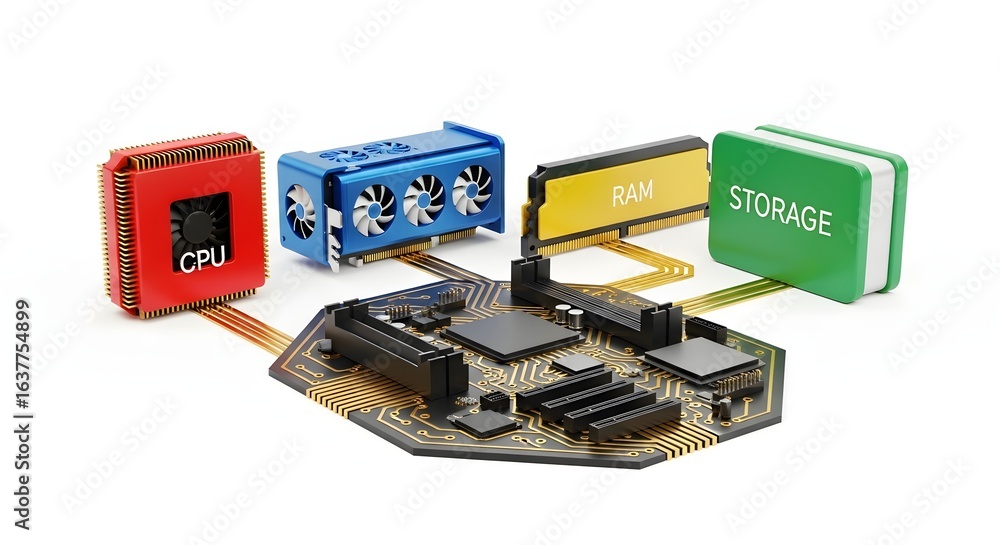 Fototapete a 3d rendering of modular computer hardware components. cpu, ram, storage, and a video card connect 