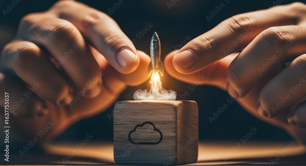 Poster hands launching a miniature rocket from a wooden cube with a cloud icon, symbolizing a tech startup 