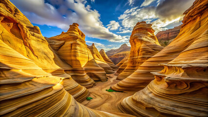 Golden spiraling canyon rock formations under bright sunlight