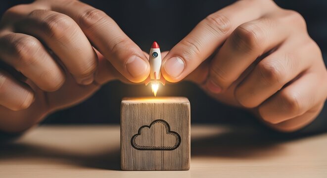 Concept of business startup and cloud computing. Hands launch a miniature rocket from a wooden block with a cloud icon, symbolizing new technology deployment and growth