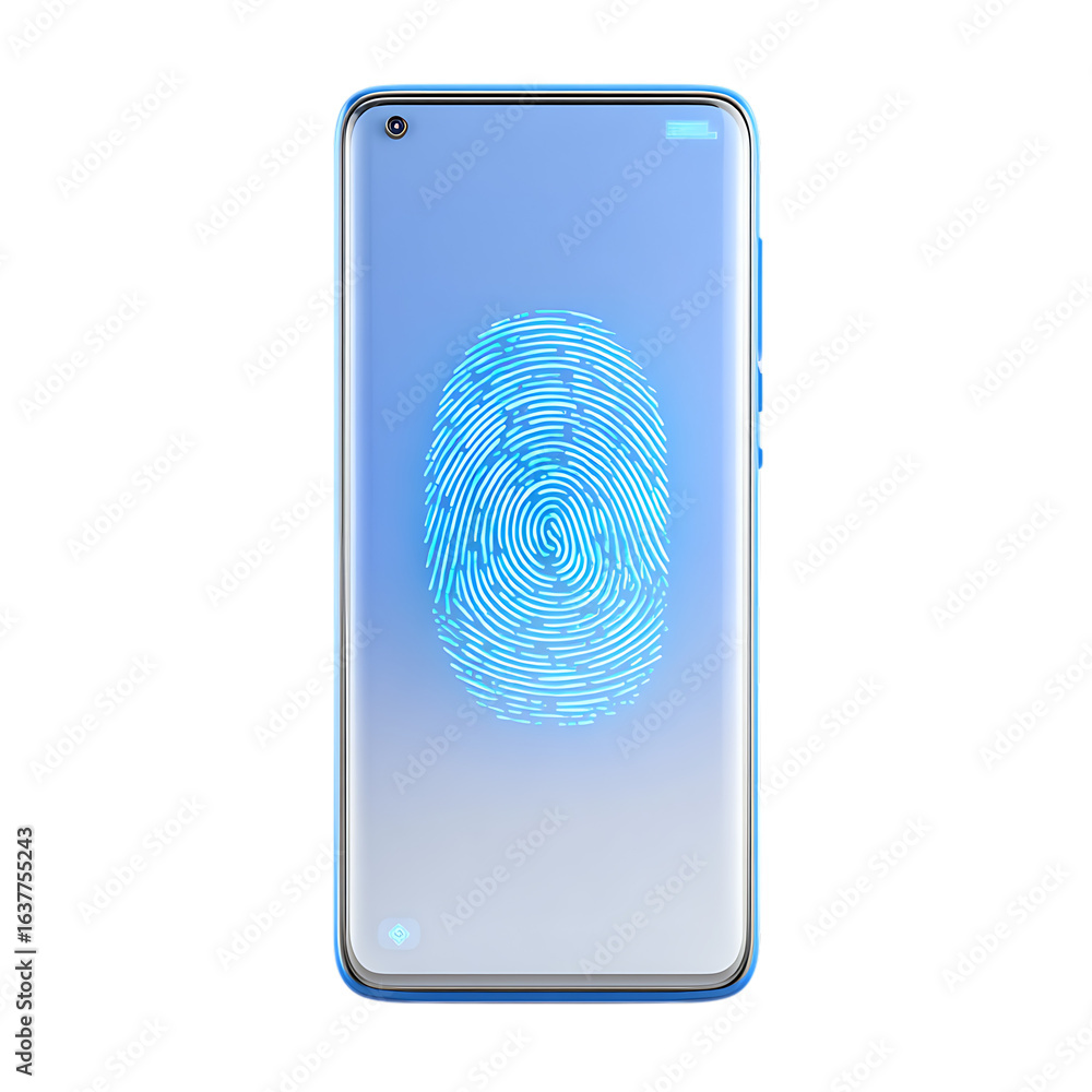 Aufkleber modern smartphone displaying a glowing blue fingerprint scanner on a transparent background isolated