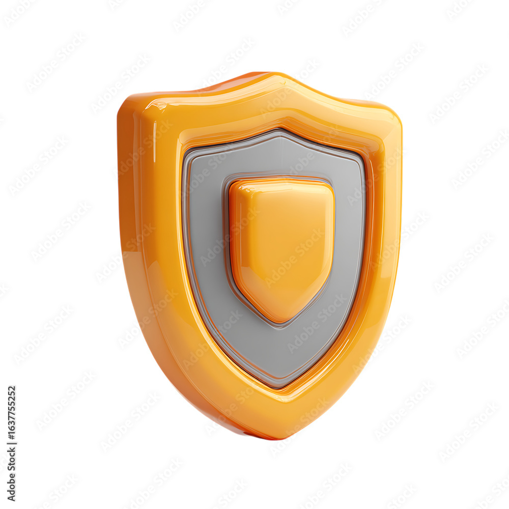 Poster shiny golden shield with gray center emblem symbolizing protection and security isolated on transpar